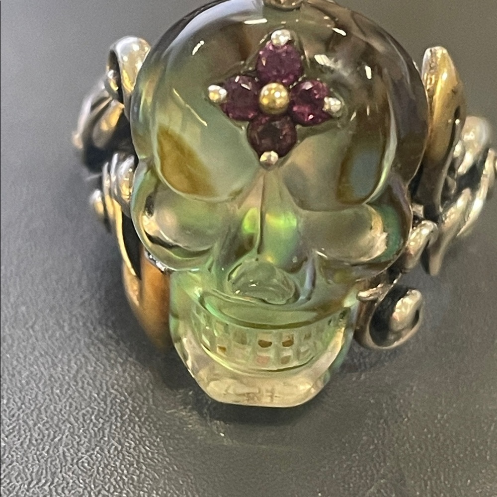 Barbara Bixby Silver and 14 K Gold Quartz Carved Skull Ring with Garnet Gemstone